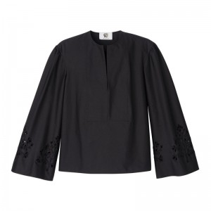 Black Longchamp Poplin Embroidered Women Blouse | Ksa-305TBZVID