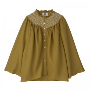 Olive Longchamp Smocked Veil Women Blouse | Ksa-376QAKUVX