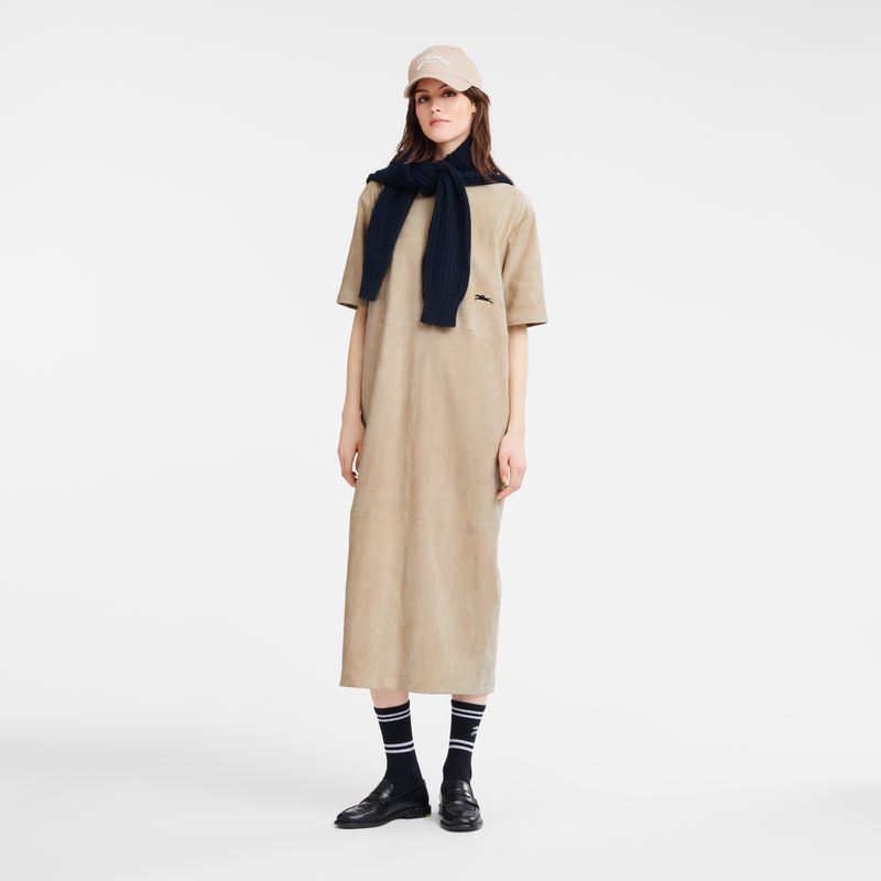 Beige Longchamp Leather Long Women Dress | Ksa-920OXJQCE