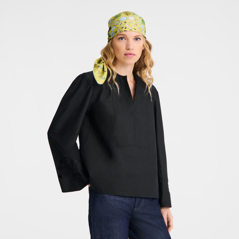 Black Longchamp Poplin Embroidered Women Blouse | Ksa-305TBZVID