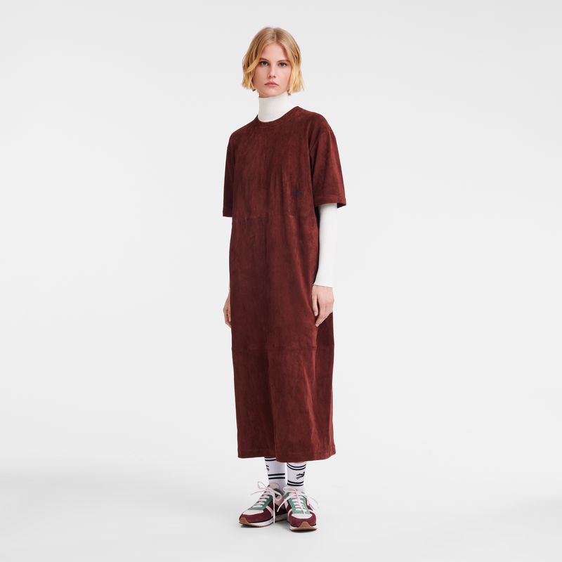 Burgundy Longchamp Leather Long Women Dress | Ksa-960UNKGCM