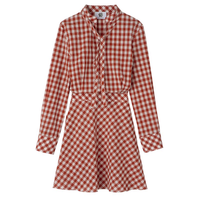 Coral / White Longchamp Vichy Jacquard Women Dress | Ksa-478HJXBYN