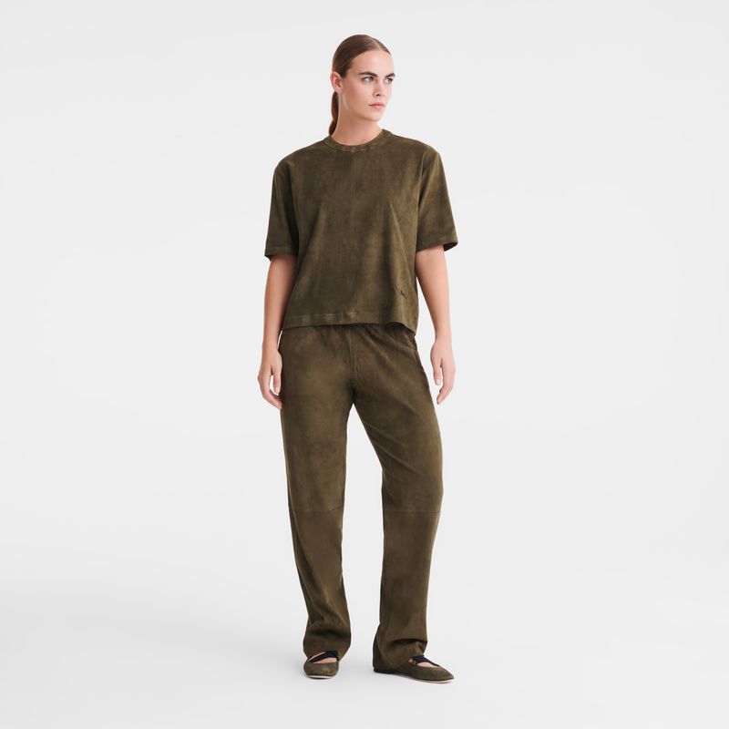 Khaki Longchamp Leather Straight Women Pants | Ksa-170VSPUJY