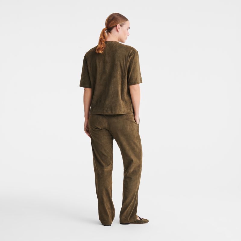 Khaki Longchamp Leather Straight Women Pants | Ksa-170VSPUJY