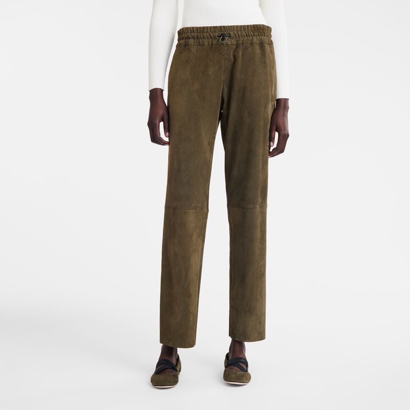 Khaki Longchamp Leather Straight Women Pants | Ksa-170VSPUJY