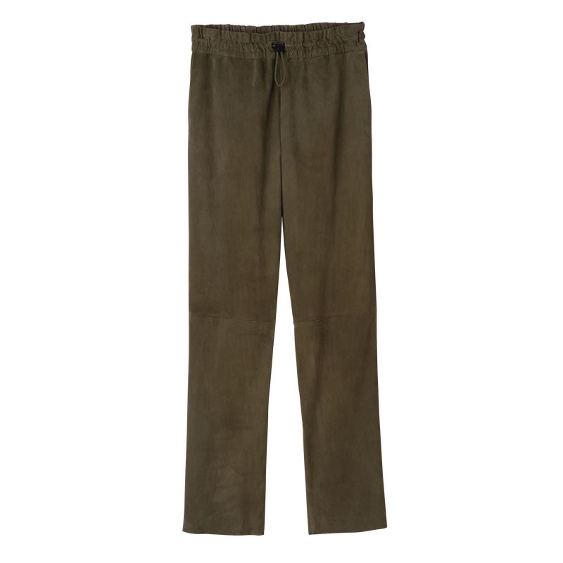 Khaki Longchamp Leather Straight Women Pants | Ksa-170VSPUJY