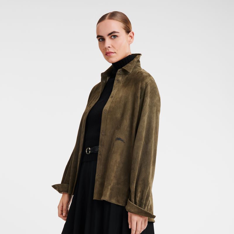 Khaki Longchamp Straight Leather Women Shirts | Ksa-583MTAJGF