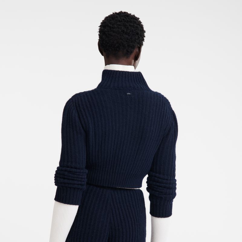 Navy Longchamp Zip Collar Short Women Cardigan | Ksa-251ZAOUHC