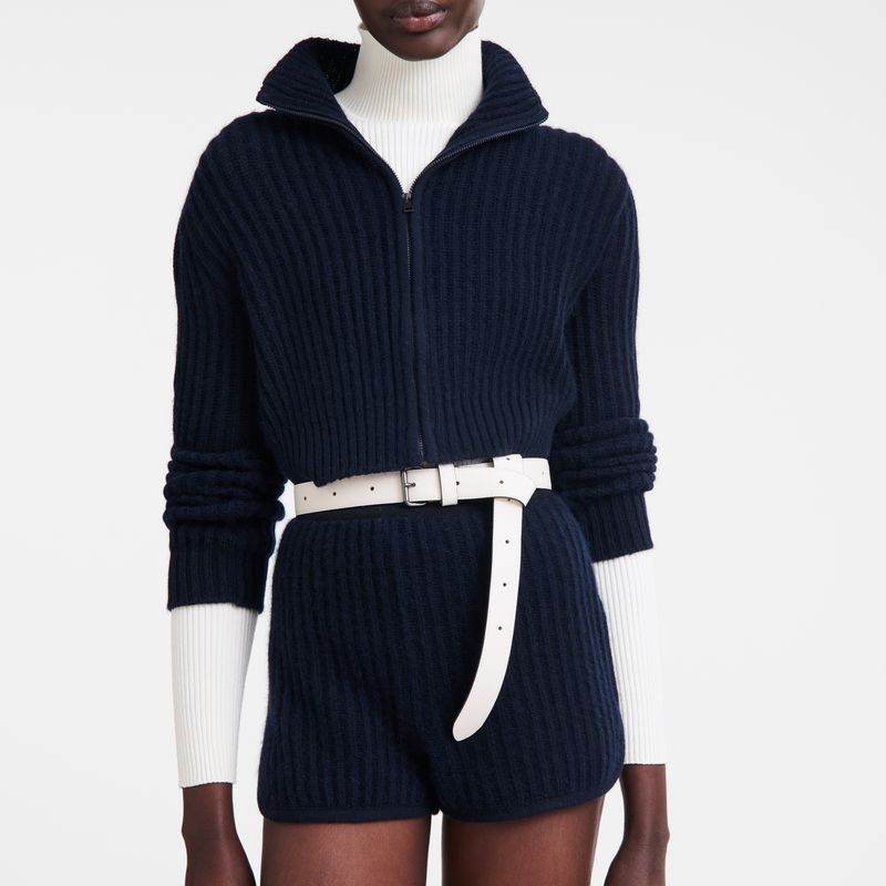Navy Longchamp Zip Collar Short Women Cardigan | Ksa-251ZAOUHC