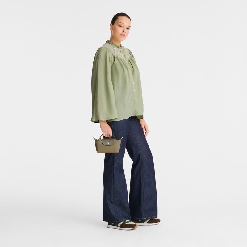 Olive Longchamp Le Pliage Green With Handle Men Pouch | Ksa-865BCTLUV