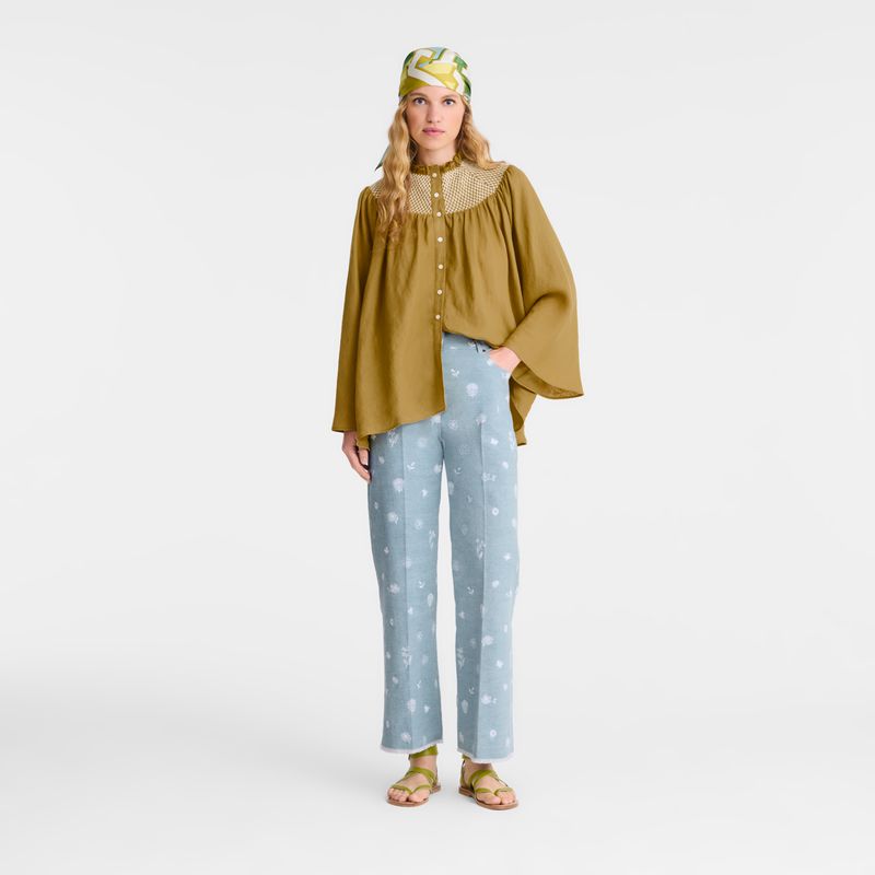Olive Longchamp Smocked Veil Women Blouse | Ksa-376QAKUVX