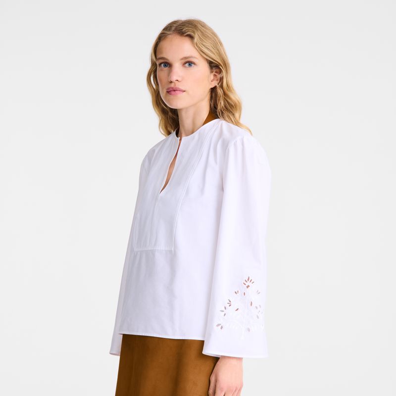 White Longchamp Poplin Embroidered Women Blouse | Ksa-396RJGFHM