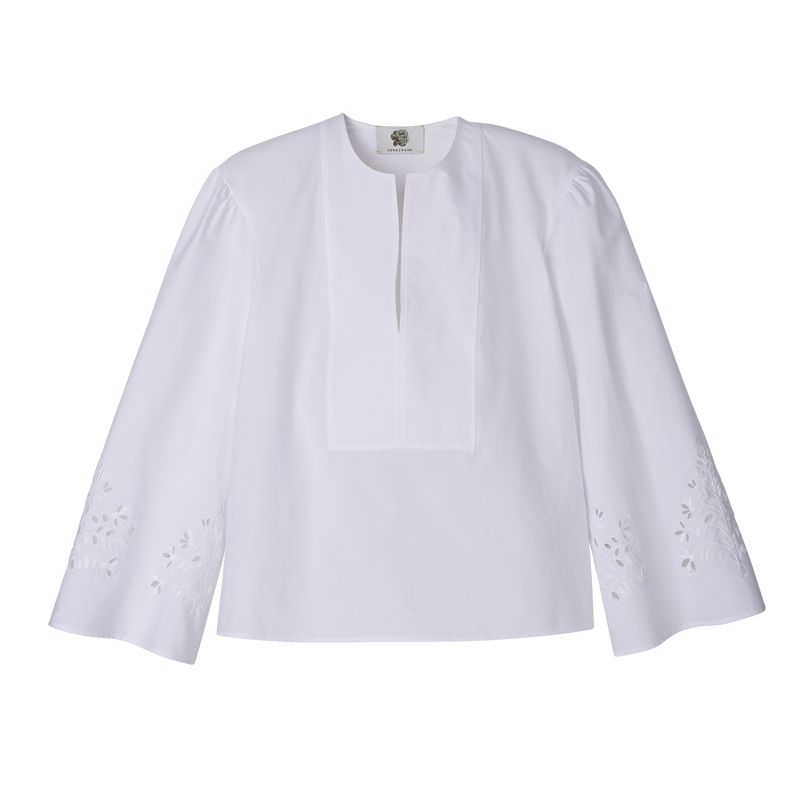 White Longchamp Poplin Embroidered Women Blouse | Ksa-396RJGFHM